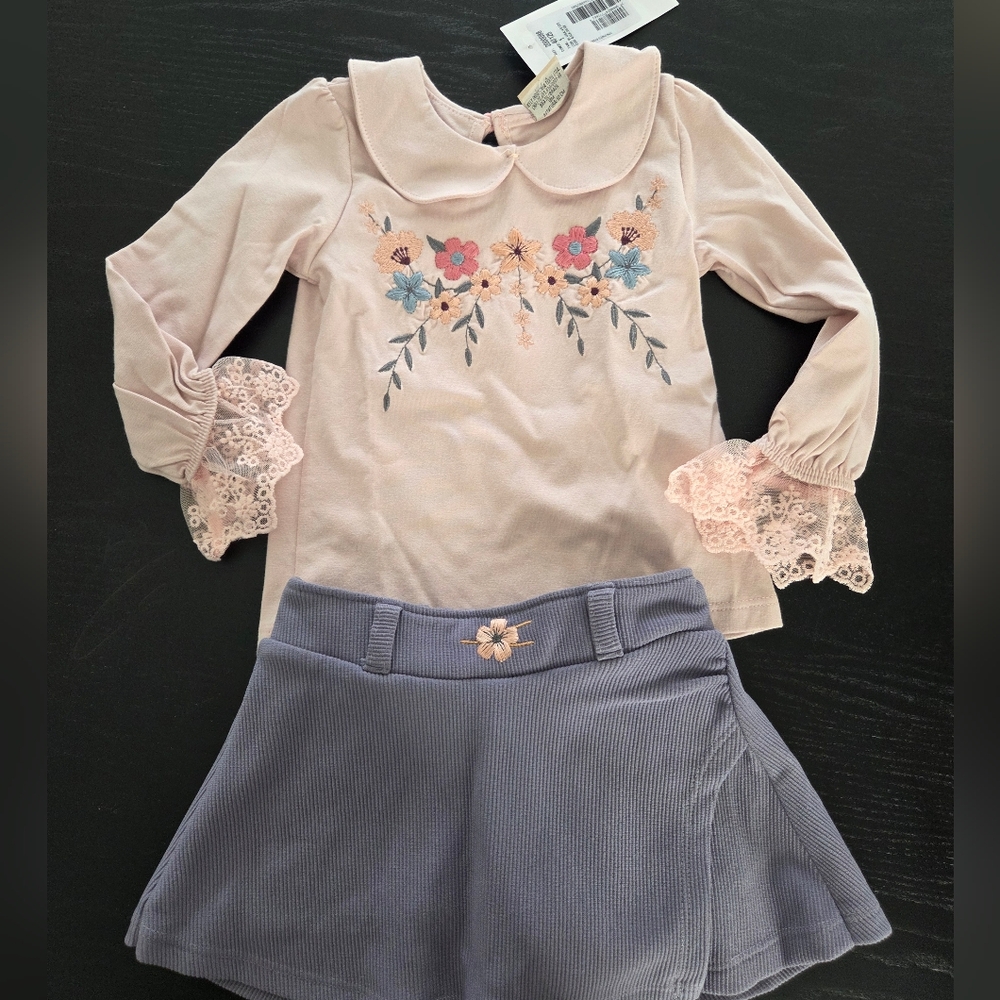New Pink Floral Embroidered Set - Top with Lavender Corduroy Skort